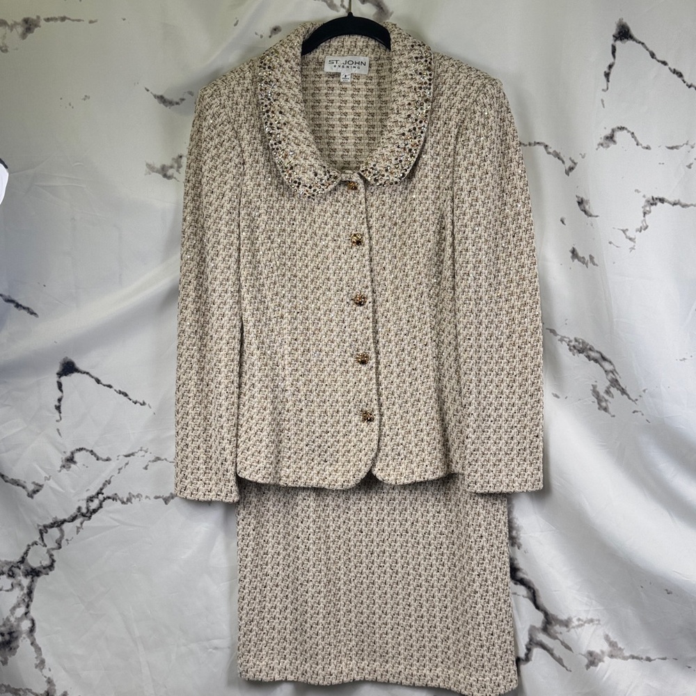 St. John Evening Skirt Suit 2-Piece Knit Tweed Metallic Rhinestone Buttons